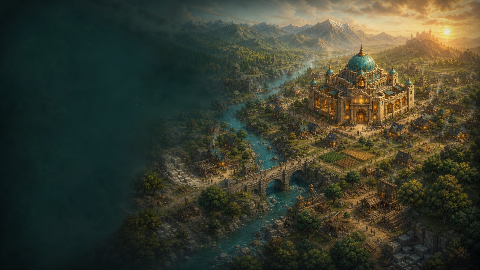 IUNUA Unity title vista of an isometric teal-gold realm