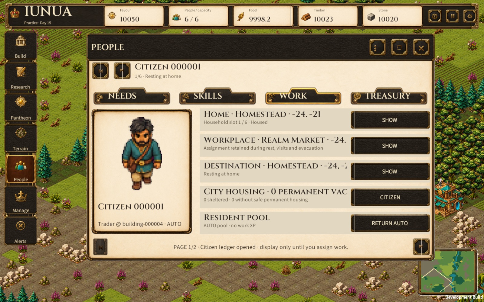 IUNUA Unity client showing homesteads and citizen presentation