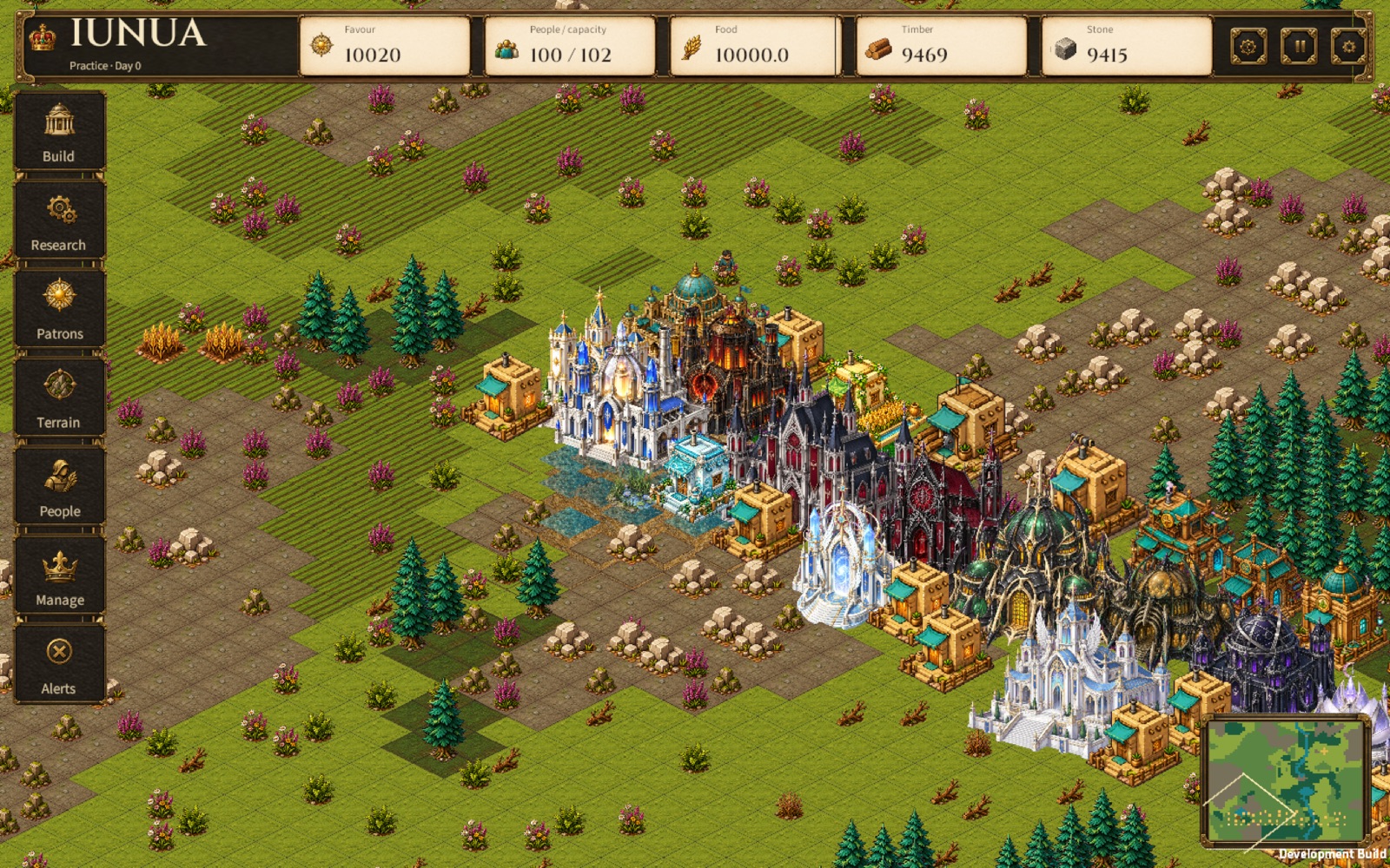IUNUA Unity client showing a playable realm with roads and buildings